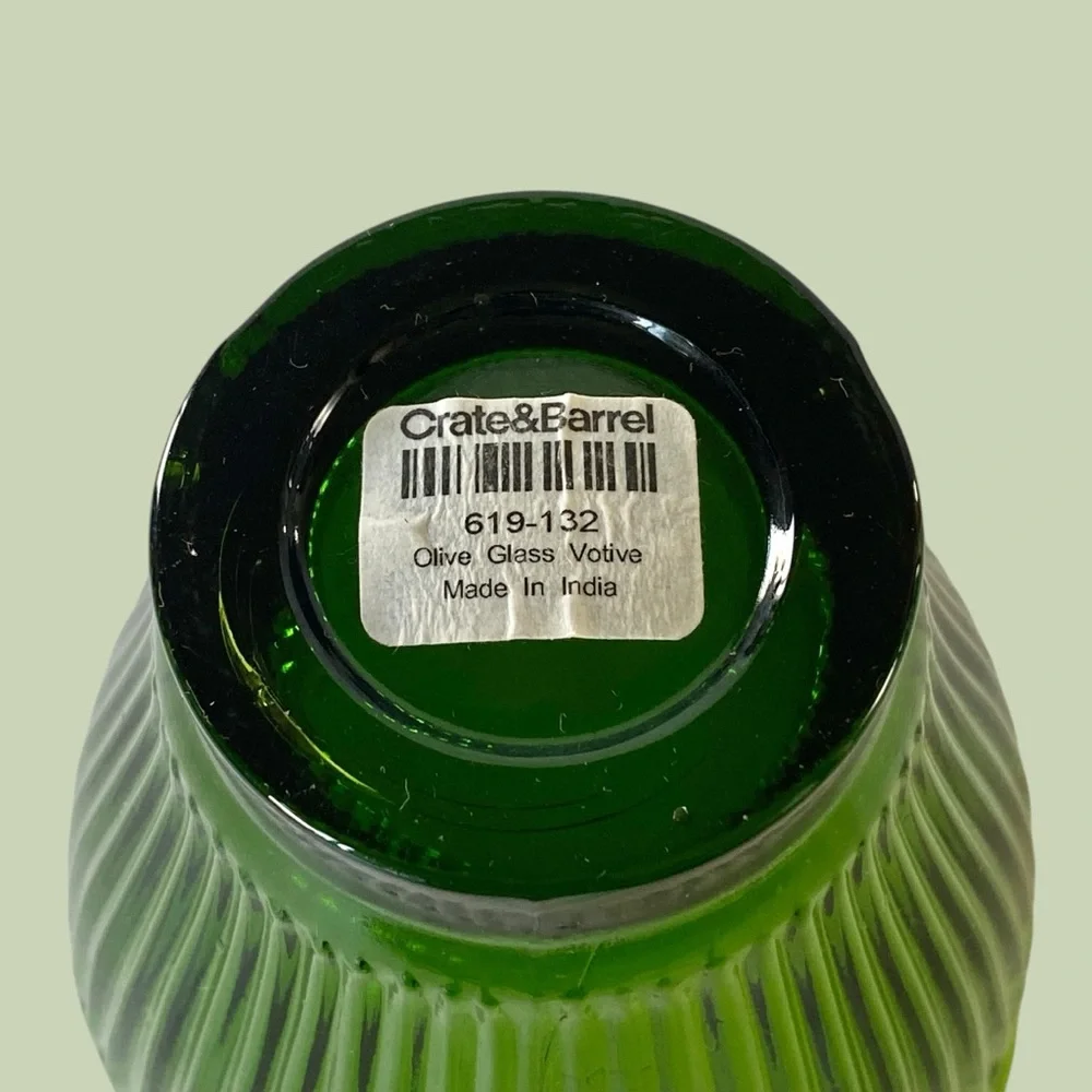 Crate & Barrel Green Glass Frosted and Glossy Ribbed Floral Candle Holder 4.25